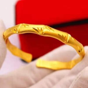 Gold Bamboo Joint Cuff Bangle – Sand Gold Open Bracelet with Engraved Bamboo & Leaf Pattern