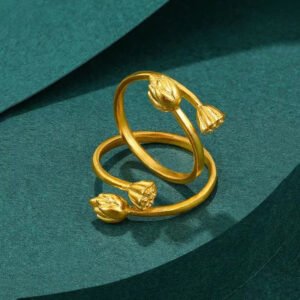 Gold Lotus Bud Open Ring – Dual Flower Tips