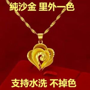 Gold Sand Heart Rose Pendant Necklace – Waterproof Sand Gold with Twisted Chain