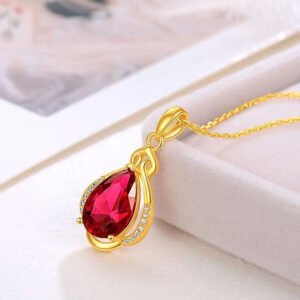 Gold Ruby Teardrop Pendant Necklace – Sand Gold with Red Crystal & Diamond Accents