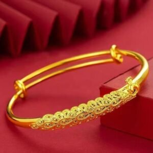 24K Gold Plated Peacock Bangle - Sand Gold Heavy Cuff Bracelet for Women (15.11g)