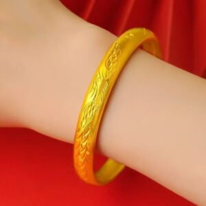 Gold Phoenix & Starlight Engraved Bangle – Sand Gold Solid Bracelet with Auspicious Carvings