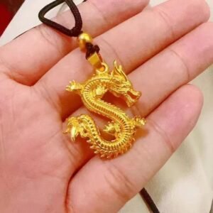 Gold Solid Dragon Pendant Necklace – 3D Sculpted Chinese Dragon with Rope Chain