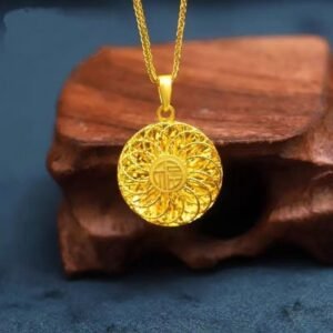Gold Fu Character Round Pendant Necklace – Hollow Sunburst Fortune Medallion